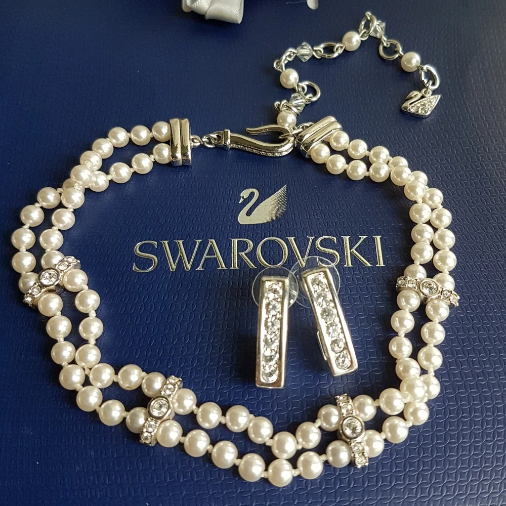 AUTHENTIC Swarovski Crystal Pearl Choker Necklace Tennis Bracelet Earrings SET - Picture 10 of 16